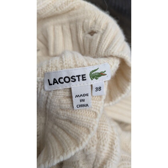 Lacoste Turtleneck Tunic Sweater Cream Wool Cashmere Fisherman Button Back M - Picture 6 of 10